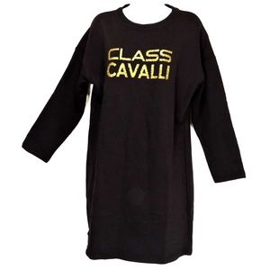 CLASS CAVALLI ⚜ WOMEN'S BLACK COTTON FASHION GOLD LOGO DRESS